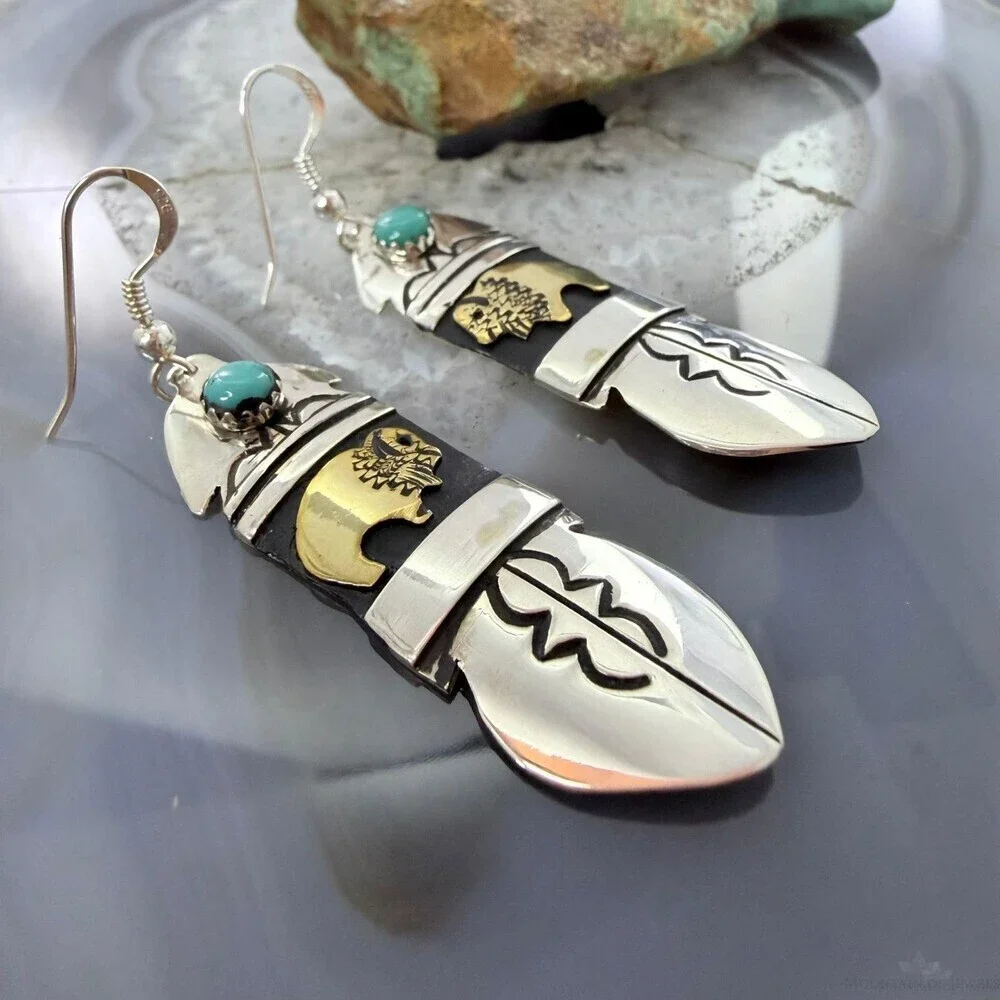 Tommy & Rosita Singer Sterling Silver & GF Bison w/Turquoise Dot Dangle Earrings